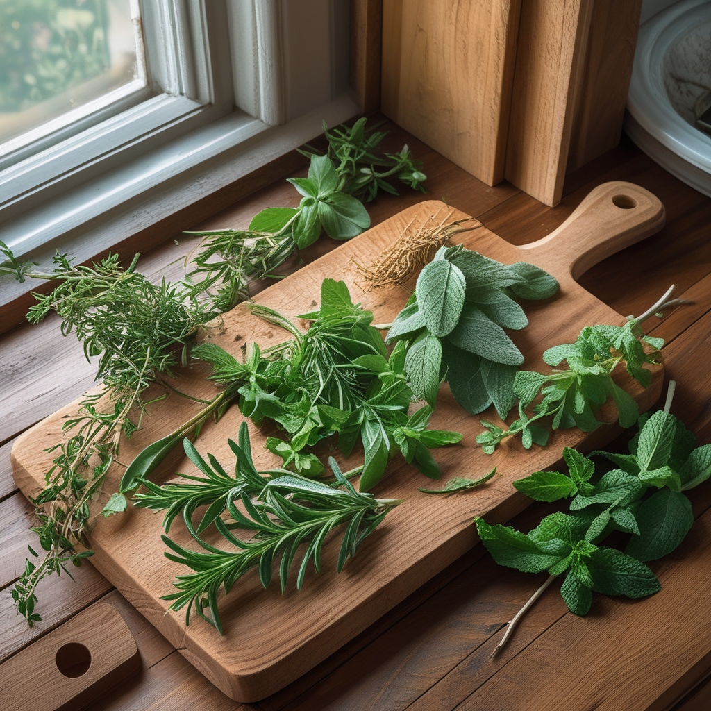 An assortment of fresh herbs including rosemary, thyme, sage and mint arranged on a wooden cutting board in a well-lit kitchen environment