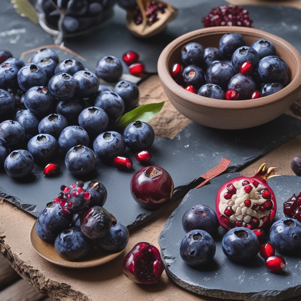 Vibrant purple blueberries, red pomegranate seeds and dark cherries arranged in small ceramic bowls on a slate stone surface with natural light