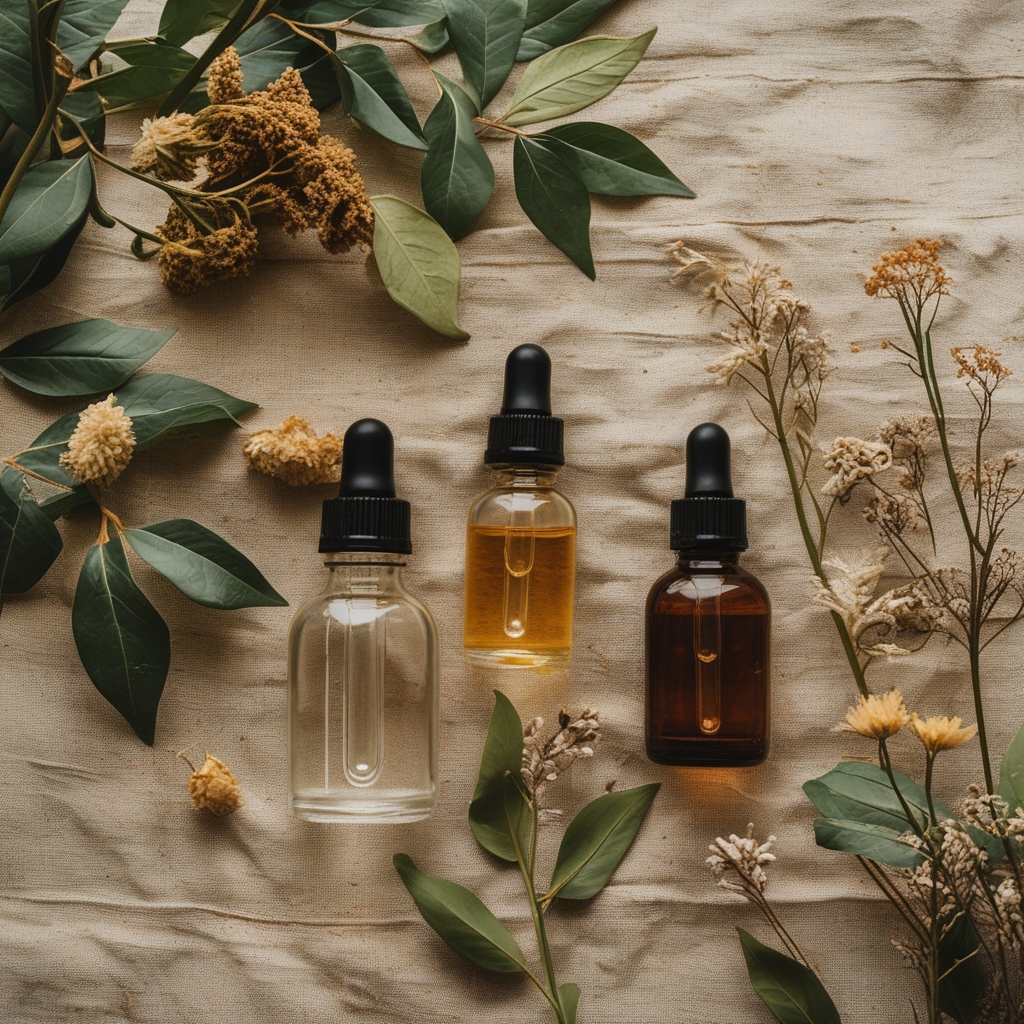 Glass dropper bottles with clear and amber liquids surrounded by green botanical leaves and dried flowers on a natural linen background