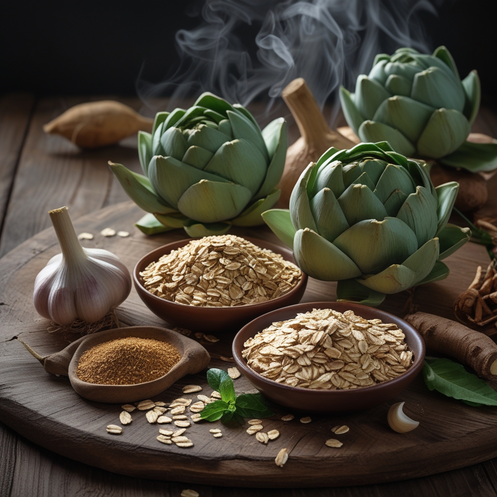 Selection of high-fiber whole foods including artichokes, onions, garlic, chicory root and rolled oats arranged on a wooden surface